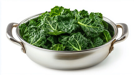 Fresh kale leaves are beautifully arranged in stainless steel pot, showcasing their vibrant green color and textured surface.