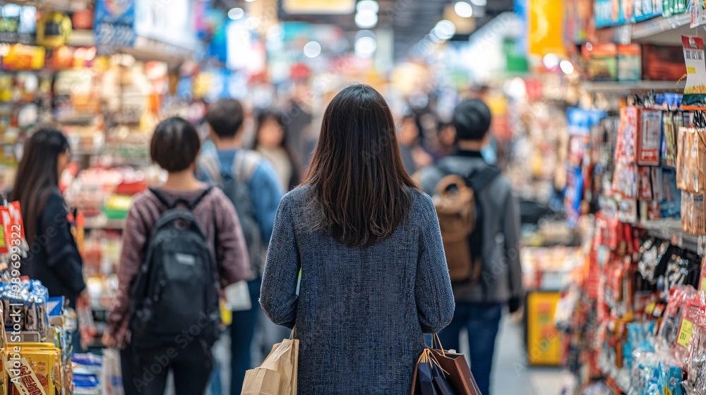 Poster a photorealistic scene of a bustling department store filled with asian and western shoppers looking