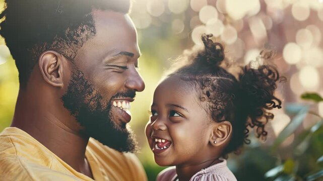 A heartwarming outdoor moment between a father and his young daughter showcases their playful interaction. Sunlight highlights their smiles, capturing love and family joy perfectly.