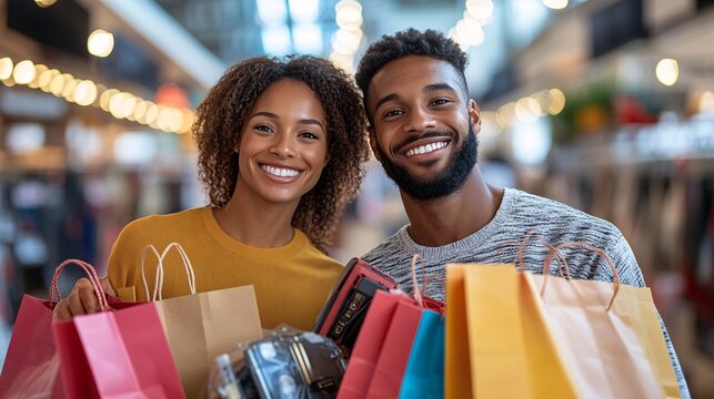 A smiling BIPOC couple looking at electronics in a store while holding shopping bags with a Black Friday promotional banner displayed above them Large space for text in center Stock Photo with copy - Powered by Adobe