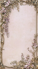 Ornate floral frame with delicate blooms, vintage pastel background with copy space
