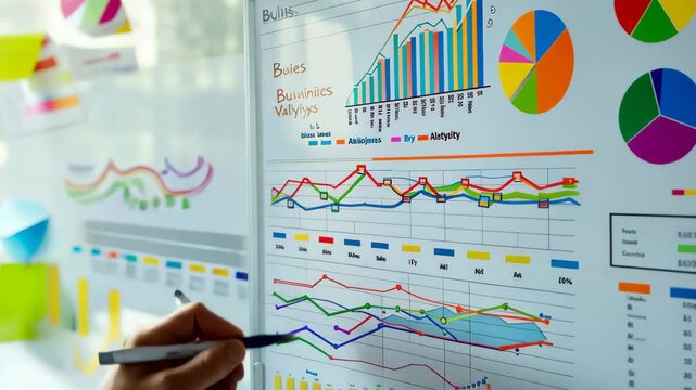 A close-up of a business professional analyzing market data on a digital whiteboard, showcasing colorful graphs and charts in a modern office environment. Perfect for reports and presentations.