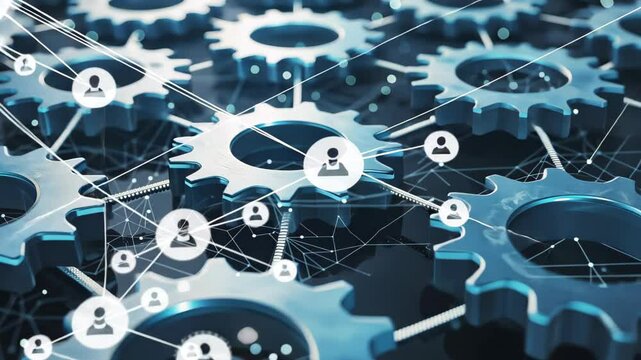 A close-up of interlocking metallic gears symbolizes collaboration in a digital landscape. Translucent user icons overlay each gear, highlighting teamwork and connectivity.