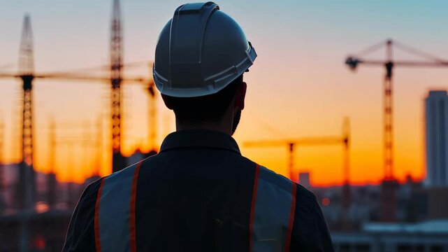 A silhouetted construction worker in a safety helmet and reflective jacket gazes at a sunset over a dynamic construction site, symbolizing hard work and optimism in the industry.