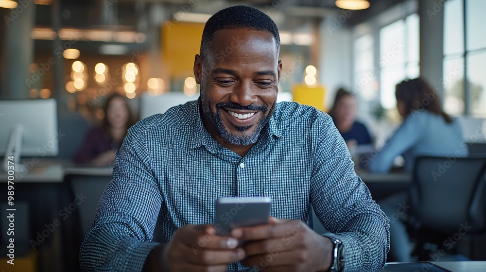Poster a western man sitting at a modern office desk smiling as he views his bank statement on a smartphone