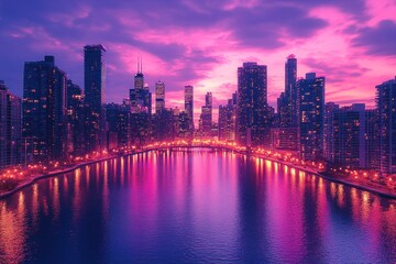 Fototapeta premium Cityscape at Sunset with Vibrant Reflections