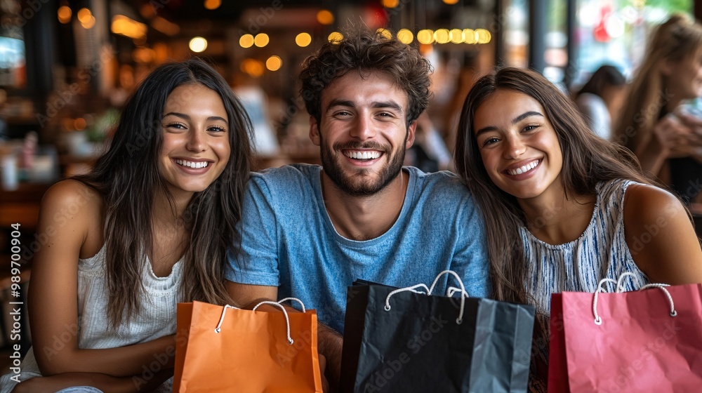 Poster a diverse group of friends sitting in a cafe smiling as they share their pay day plans while their s