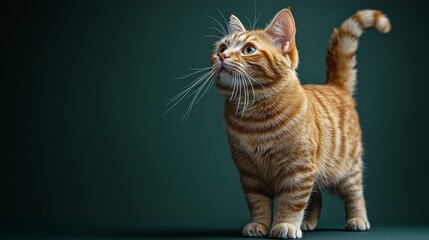 A slim cat stands confidently with its tail curled up on a dark green background. The cat's pose is elegant with soft lines and clear shapes.