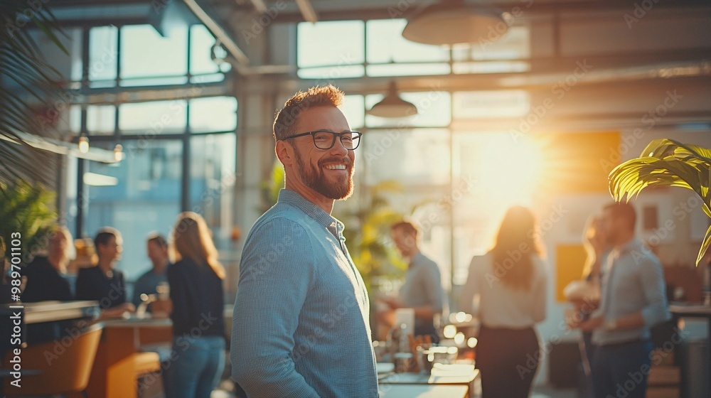 Poster Photorealistic image of a diverse group of coworkers standing in a modern office around a table celebrating Pay Day with smiles and handshakes Large space for text in center Stock Photo with copy