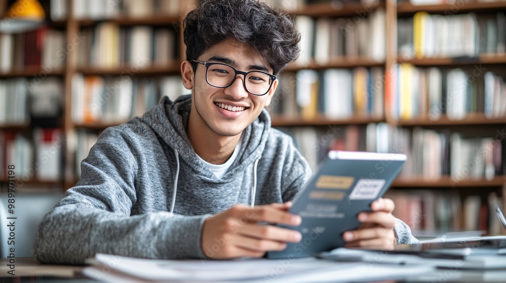 Aufkleber an asian man smiling while sitting at his home office desk looking at his pay day bank notification 