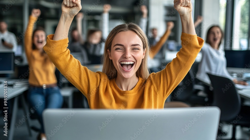 Poster photorealistic image of a western woman at her desk smiling while looking at her pay day deposit on 