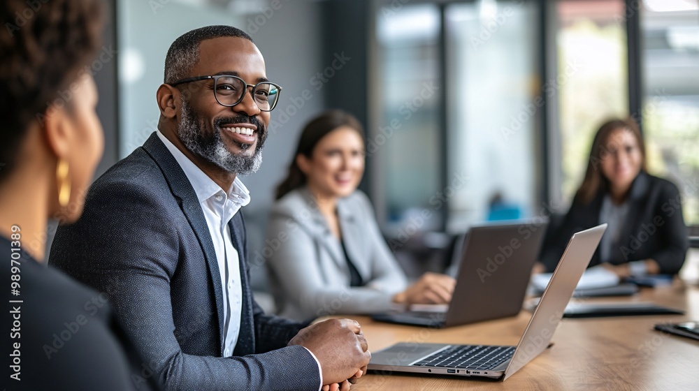 Poster BIPOC coworkers sitting around a large table with laptops and tablets open discussing their Pay Day bonuses while smiling Large space for text in center Stock Photo with copy space