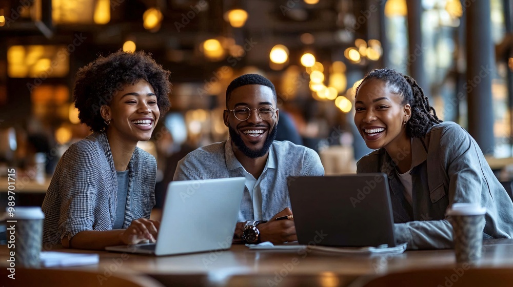 Poster BIPOC coworkers sitting at a coffee shop with laptops open while discussing how they will spend their Pay Day bonuses Large space for text in center Stock Photo with copy space