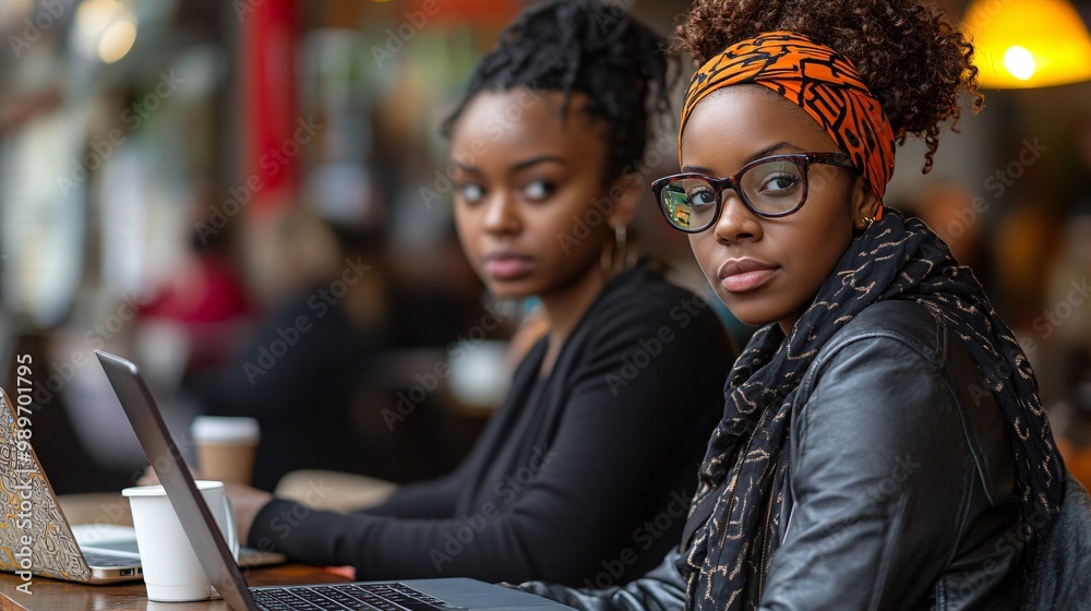 Poster BIPOC coworkers sitting at a coffee shop with laptops open while discussing how they will spend their Pay Day bonuses Large space for text in center Stock Photo with copy space