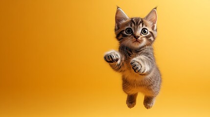 Fototapeta premium Playful kitten caught in mid-air, with outstretched paws and fluffy fur, leaping energeticly against a bright yellow background. The lively pose makes the cat look playful and lively.