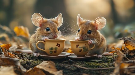 Naklejka premium Two mice enjoy tea at a table inside the cozy burrow