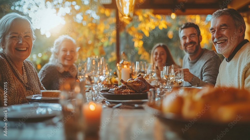 Poster A group of elderly friends sitting around a dining table laughing and enjoying a meal together in a bright home setting Large space for text in center Stock Photo with copy space