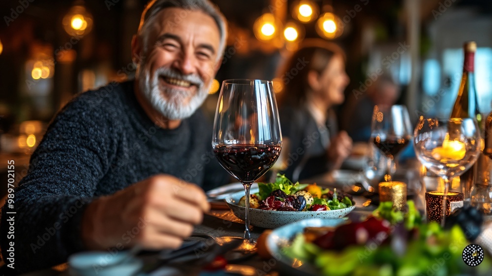 Leinwandbilder a group of elderly friends sitting around a dining table laughing and enjoying a meal together in a 