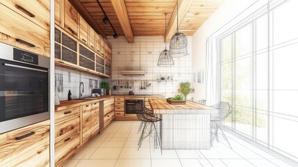 Contemporary Fusion: Stylish Kitchen Interior with Modern Furniture, Photography, and Sketch Blend