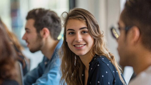 Young woman smiling during a casual meeting or study session with peers, symbolizing collaboration, learning, and positive interactions in a relaxed environment
