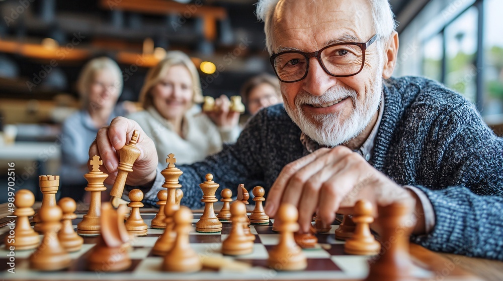 Poster a group of senior friends playing chess or cards at a cozy table by a window in a community center o