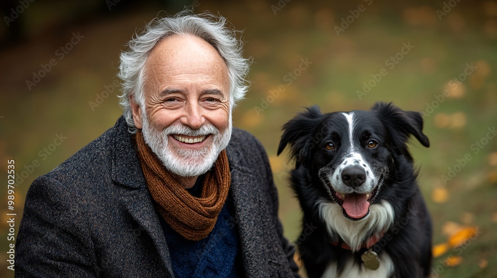 Poster a senior man enjoying a walk with his dog in a green park smiling with the dog happily trotting alon