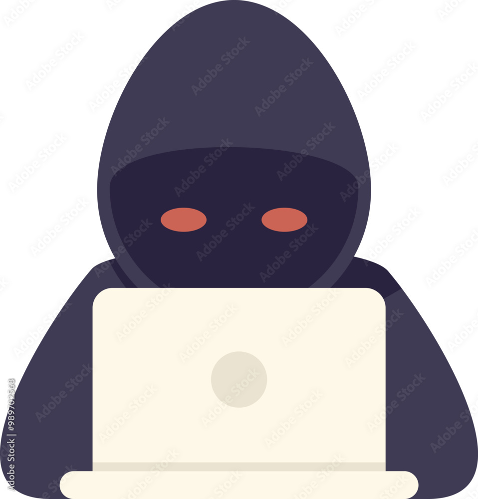 Poster hacker in a black hood using a laptop computer to steal user data