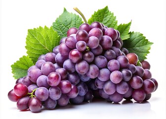 Fototapeta premium A cluster of juicy purple grapes bursting with flavor, with green leaves and curly vines, set against a clean white background, perfect for packaging or advertising.