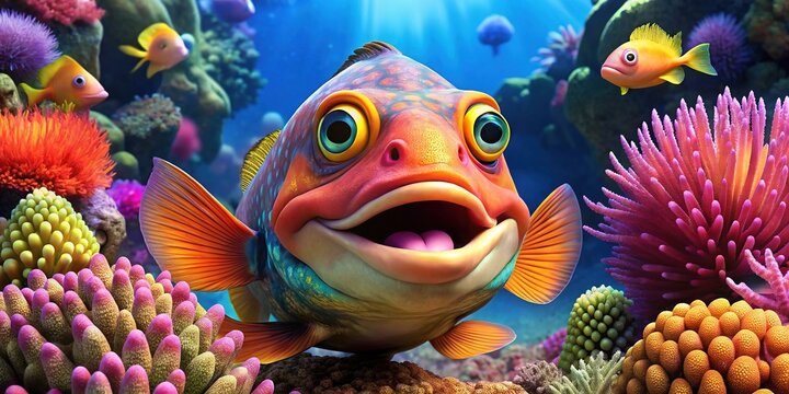 A brightly colored, chunky fish with exaggerated features, including large bulging eyes and a goofy grin, swims in a vibrant aquatic environment surrounded by coral.