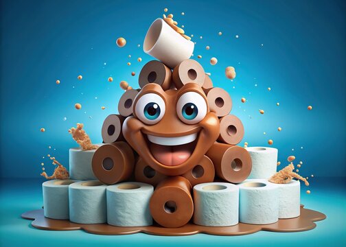 A cartoonish, expressive pile of feces with a smiling face and joyful eyes, surrounded by toilet paper rolls and a playful splash of water drops.
