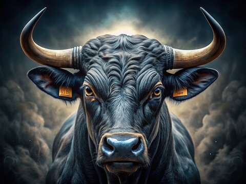 A close-up of a fierce bull's head with sharp horns and intense eyes, symbolizing strength and determination, against a dark and mysterious background.
