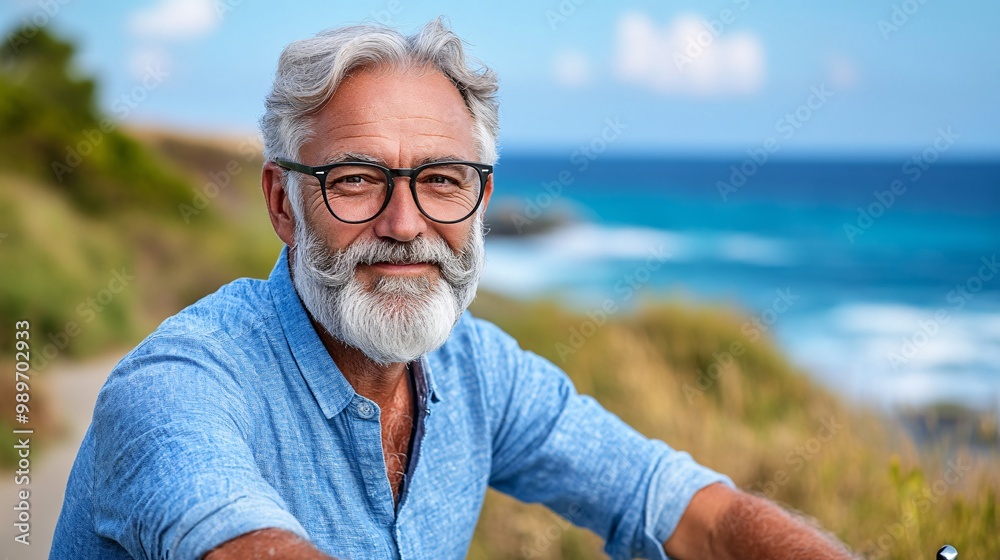 Aufkleber a senior man riding a bicycle along a beachside path with the ocean in the background and a calm pea