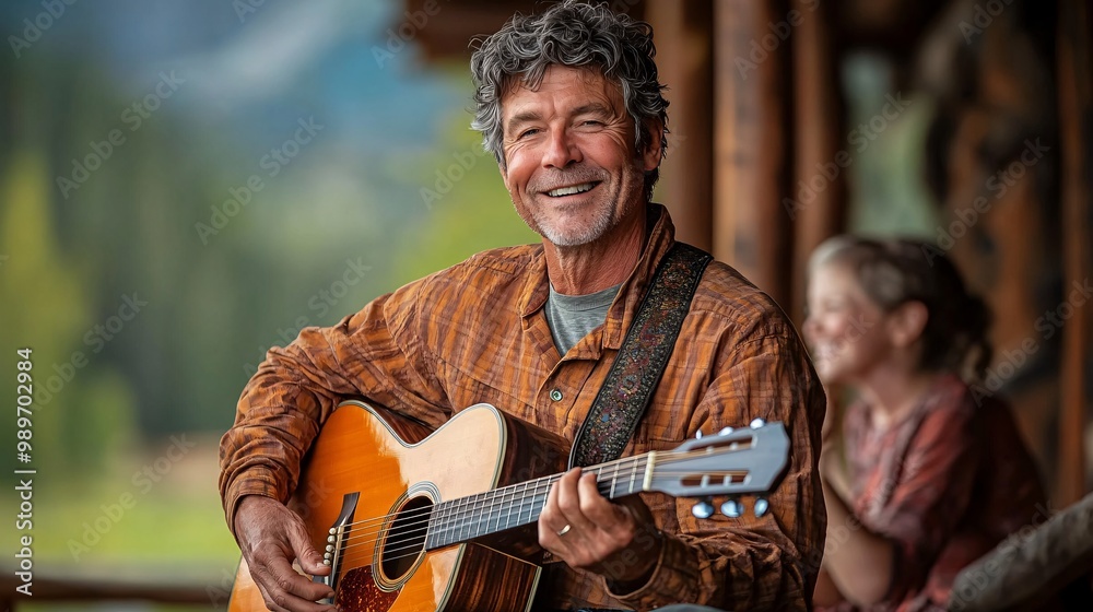 Poster A senior man playing the guitar on his porch with family gathered around clapping and smiling creating a joyful atmosphere Large space for text in center Stock Photo with copy space
