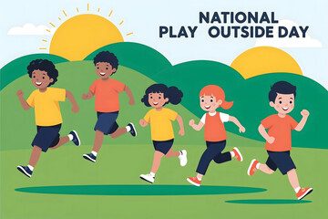 A group of diverse children runs energetically in a vibrant park, enjoying the warmth of the sun on National Play Outside Day. Laughter fills the air as they play together.