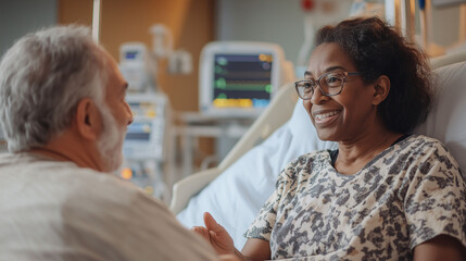 Smiling elderly woman in hospital bed talking to family member