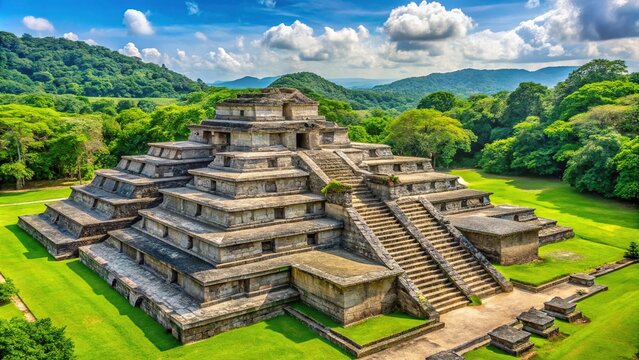 Ancient Mesoamerican ruins of a pyramid temple complex, surrounded by lush greenery, with intricate stone carvings and ornate structures, in Veracruz, Mexico.