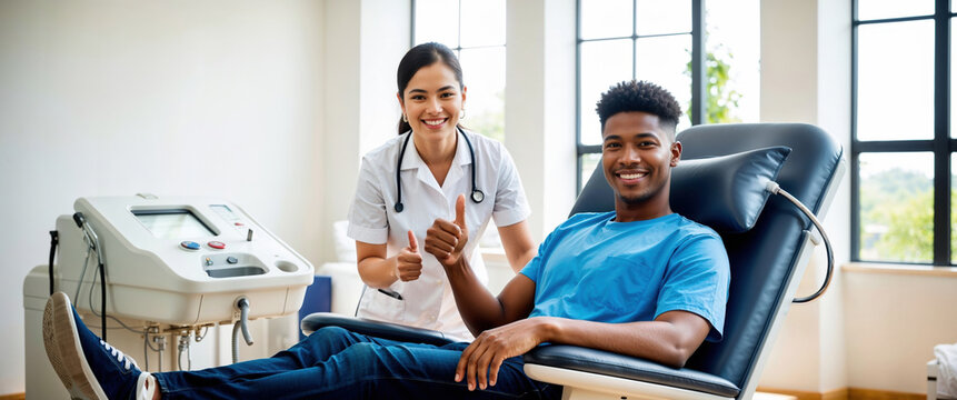 Man Donating Blood with Nurse Giving Thumbs Up