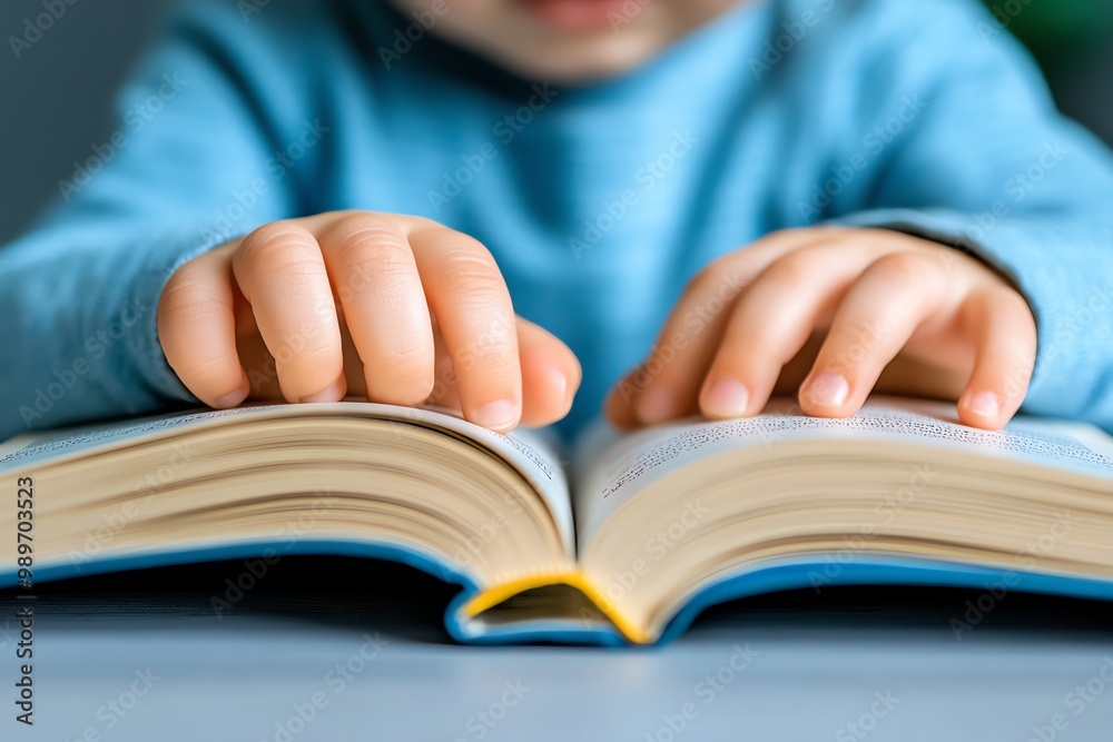 Poster A childâ€™s hand resting on an open book, with a clean, uncluttered background emphasizing the act of reading