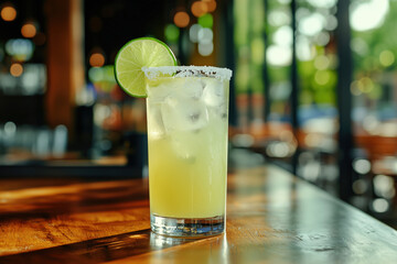 Photo of a tall margarita drink with lime and a salted rim on a beautiful sunny day.