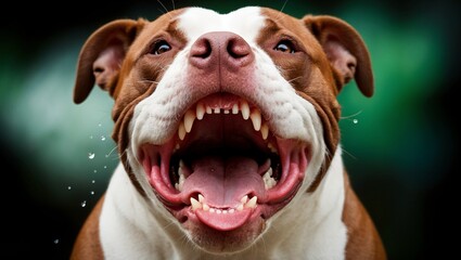 A cute portrait of a sitting brown and white bulldog in a studio setting