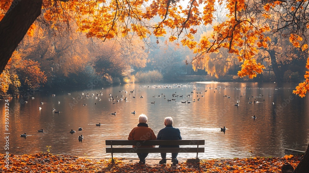 Aufkleber an elderly couple sitting on a bench by the lake feeding the ducks together enjoying the peaceful su