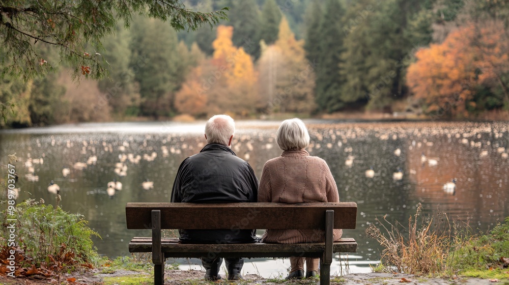 Poster an elderly couple sitting on a bench by the lake feeding the ducks together enjoying the peaceful su