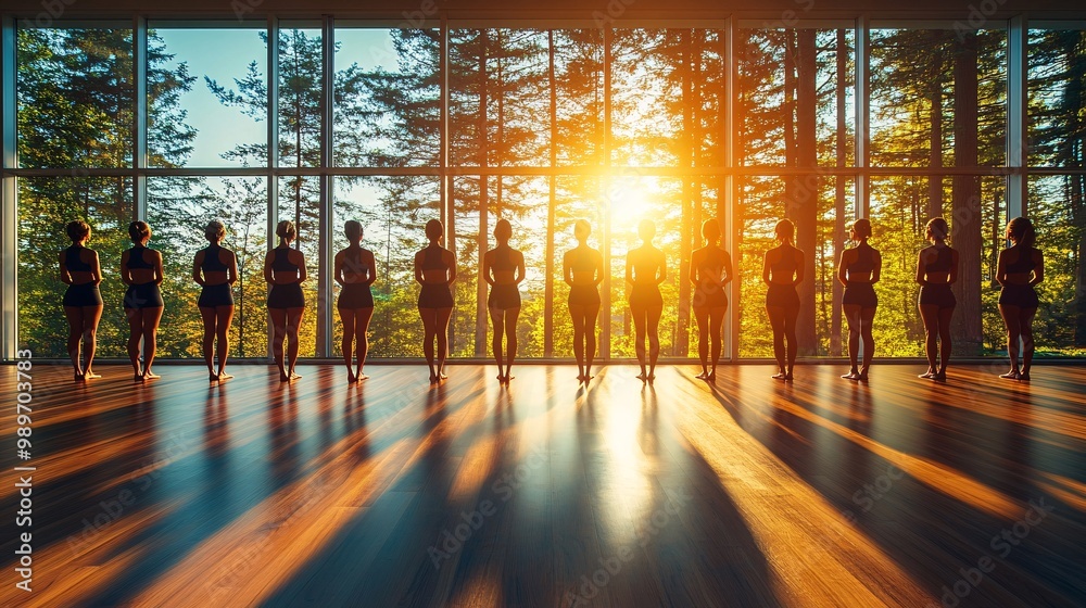 Aufkleber a group of elderly women practicing dance or fitness in a well-lit community center with bright wind
