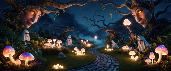 Fototapeta premium Enchanted Forest with Glowing Mushrooms and Playful Ghosts
