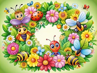 Fototapeta premium Colorful cartoon insects, including bees, butterflies, and ladybugs, gather around a bright floral wreath, adding whimsy and playfulness to any project or design.
