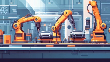 Futuristic Robotic Arms Assembly Line in 2D Flat Vector Style - Advanced Automobile Production Concept