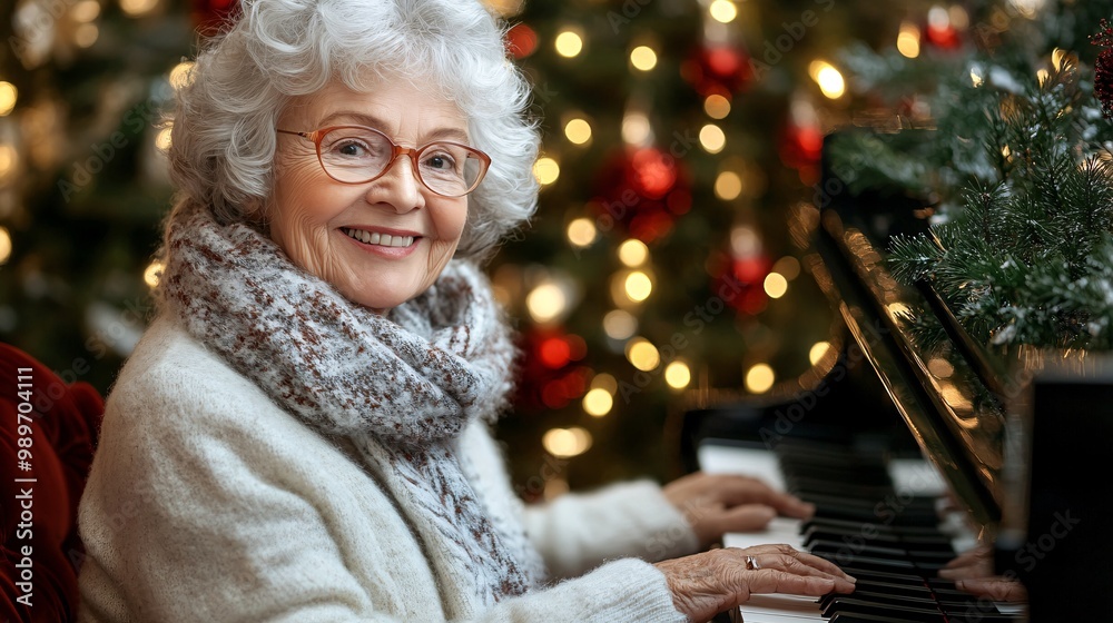 Poster an elderly woman playing the piano in her living room while family members listen in the background 
