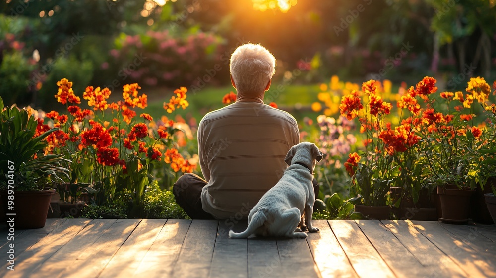 Aufkleber a senior man sitting on the porch with his dog by his side looking out at a peaceful garden scene wi
