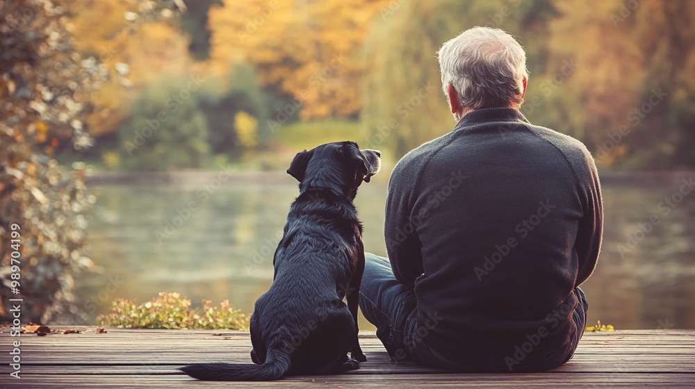 Poster a senior man sitting on the porch with his dog by his side looking out at a peaceful garden scene wi