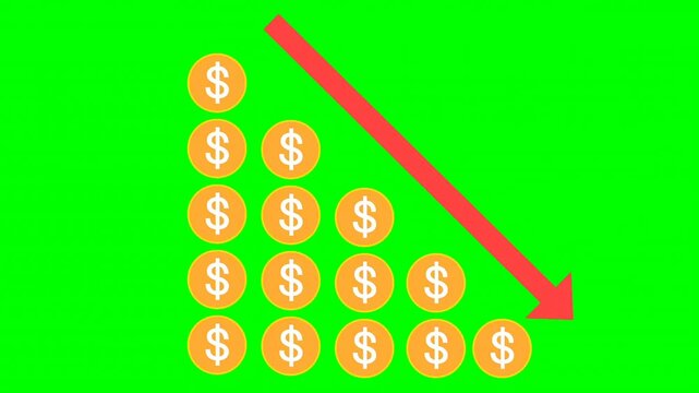 Dollar prices fall in financial statistics graph in stock market and inflation rate animation, US Dollar price chart going down. 4k green screen 60 fps